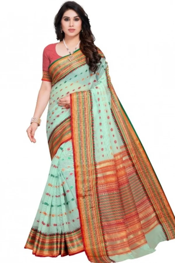 Women's Kota Doria Cotton Woven Butta Saree With Blouse (Pista, 5-6 Mtrs)