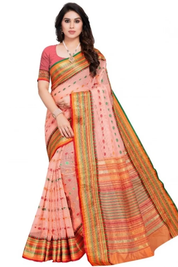 Women's Kota Doria Cotton Woven Butta Saree With Blouse (Peach, 5-6 Mtrs)