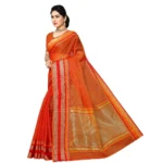 Women's Kota Doria Cotton Border Saree With Blouse (Orange, 5-6 Mtrs) - Image 2