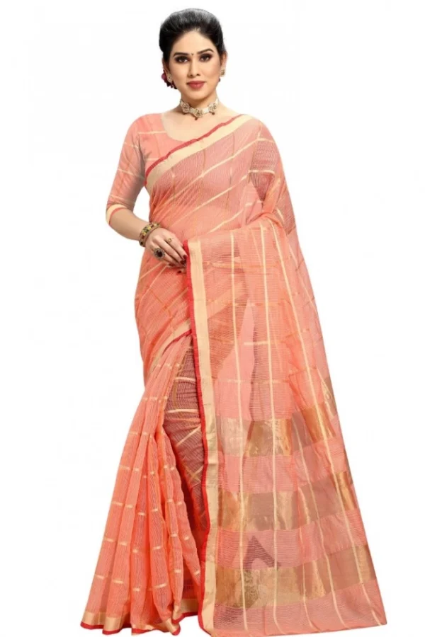 Women's Kota Doria Cotton Checked Saree With Blouse (Peach, 5-6 Mtrs)