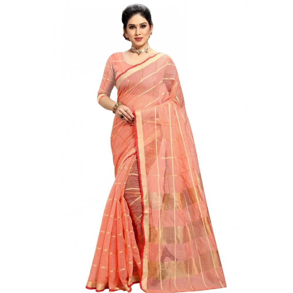 51368428567_6d2b9b6baa_o_d-1000x1000-1.webp Women's Kota Doria Cotton Checked Saree With Blouse (Peach, 5-6 Mtrs) - Image 1