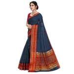 Women's Kota Doria Cotton Bordered Saree With Blouse (Navy Blue, 5-6 Mtrs) - Image 3