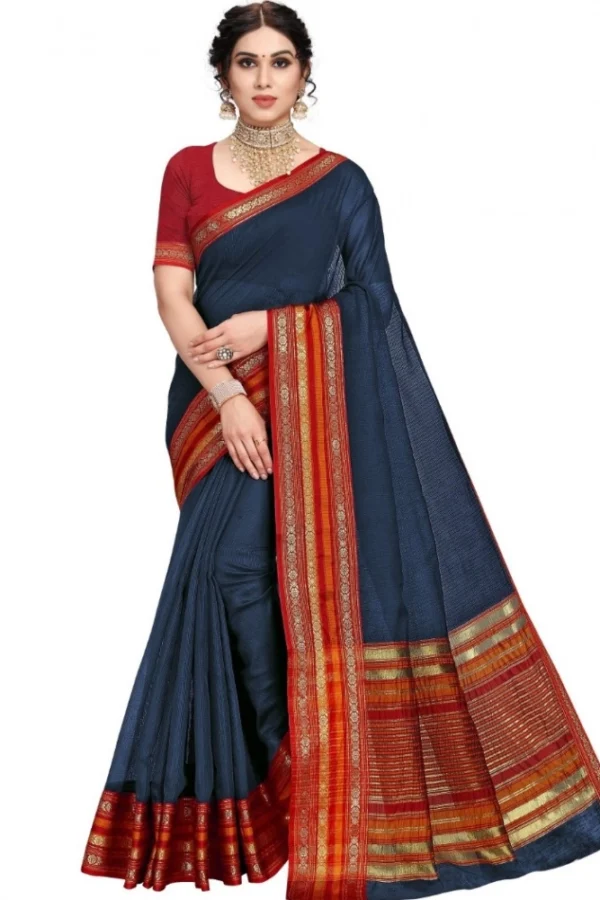 Women's Kota Doria Cotton Bordered Saree With Blouse (Navy Blue, 5-6 Mtrs)