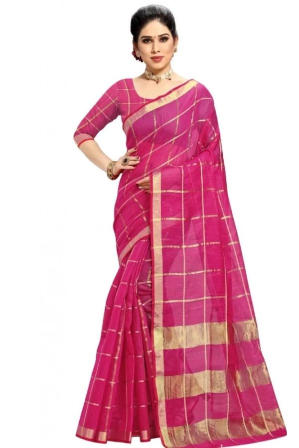 Women's Kota Doria Cotton Checked Saree With Blouse (Rani, 5-6 Mtrs)