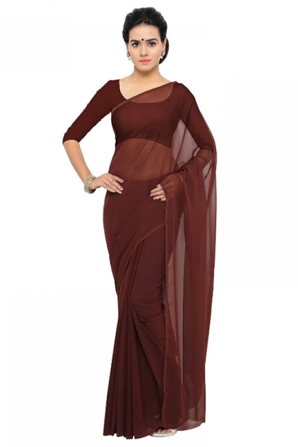 Women's Georgette Plain Saree With Blouse (Coffee, 5-6 Mtrs)