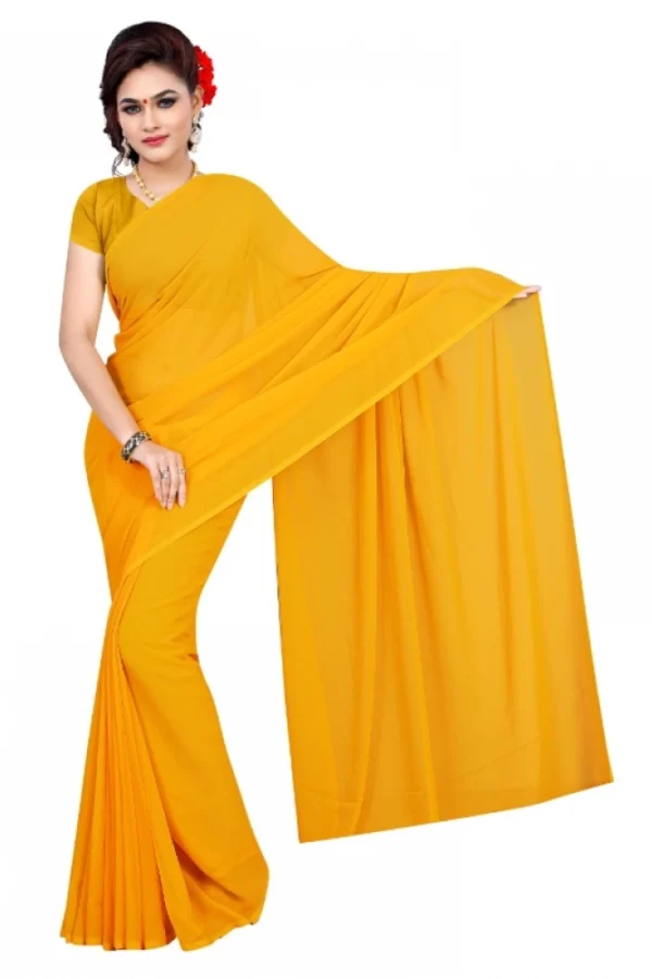 Women's Georgette Plain Saree With Blouse (Gold, 5-6 Mtrs)