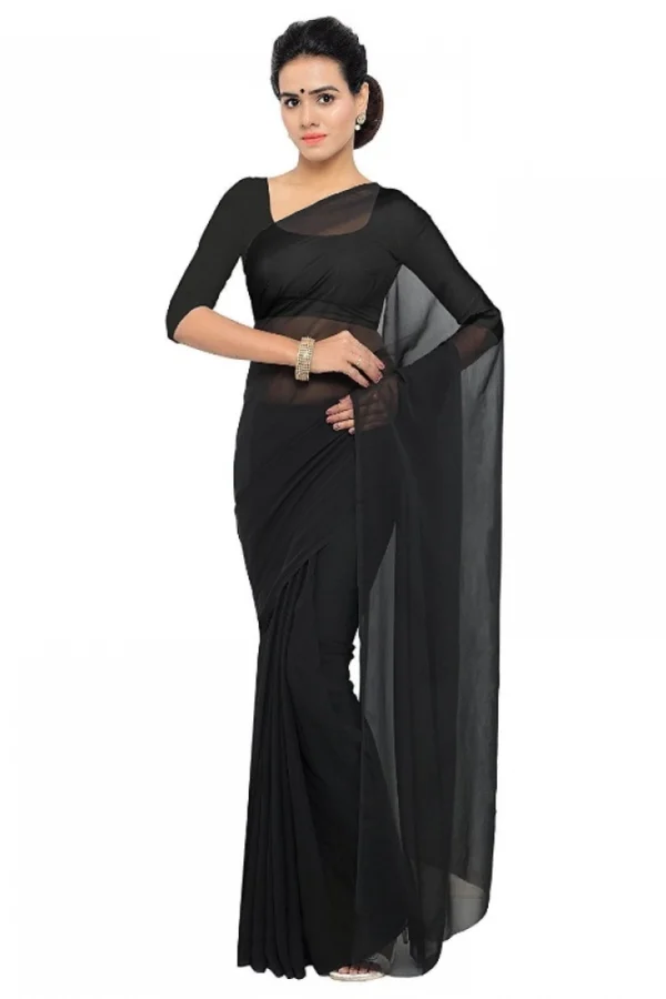 Women's Georgette Plain Saree With Blouse (Black, 5-6 Mtrs)