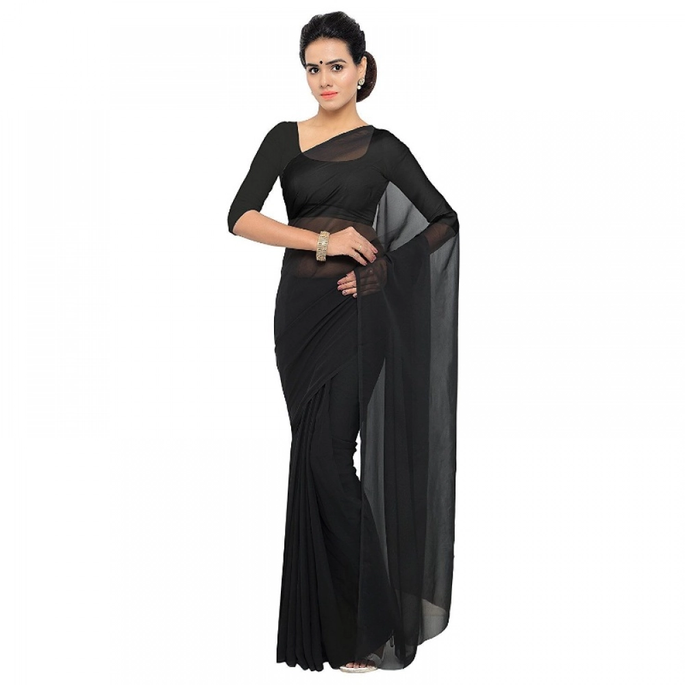 51404670050_5fb8ca909c_o_d-1000x1000-1.webp Women's Georgette Plain Saree With Blouse (Black, 5-6 Mtrs) - Image 1