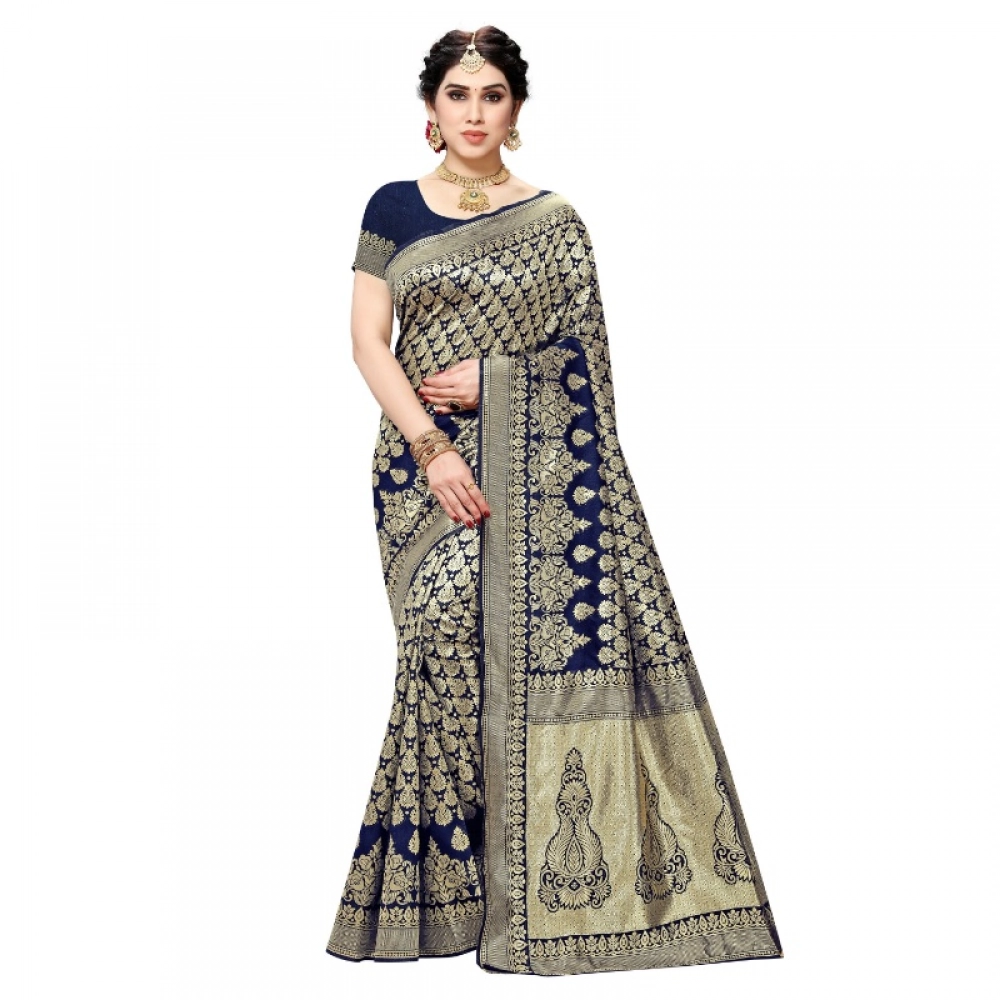 51404683680_80748cf182_o_d-1000x1000-1.webp Women's Jacquard Silk Kanjivaram Jacquard Silk Saree With Blouse (Navy Blue, 5-6 Mtrs) - Image 1
