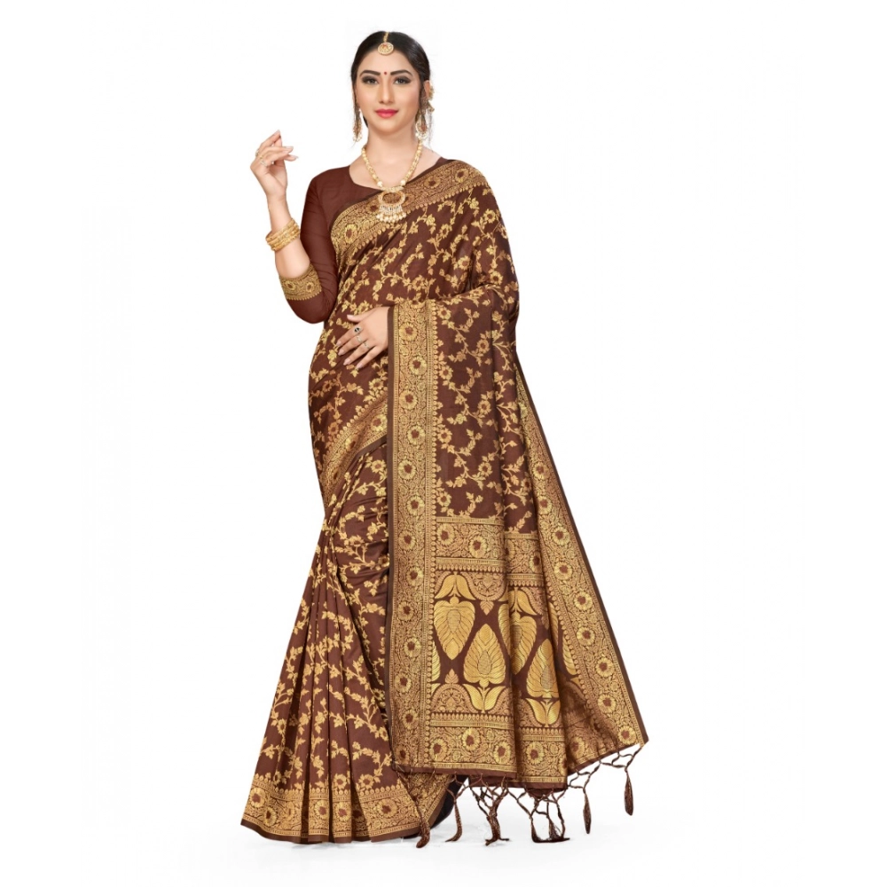 52017286879_0ba3921755_o_d-1000x1000-1.webp Women's Banarasi Silk Saree With Blouse (Coffee, 5-6Mtrs) - Image 1
