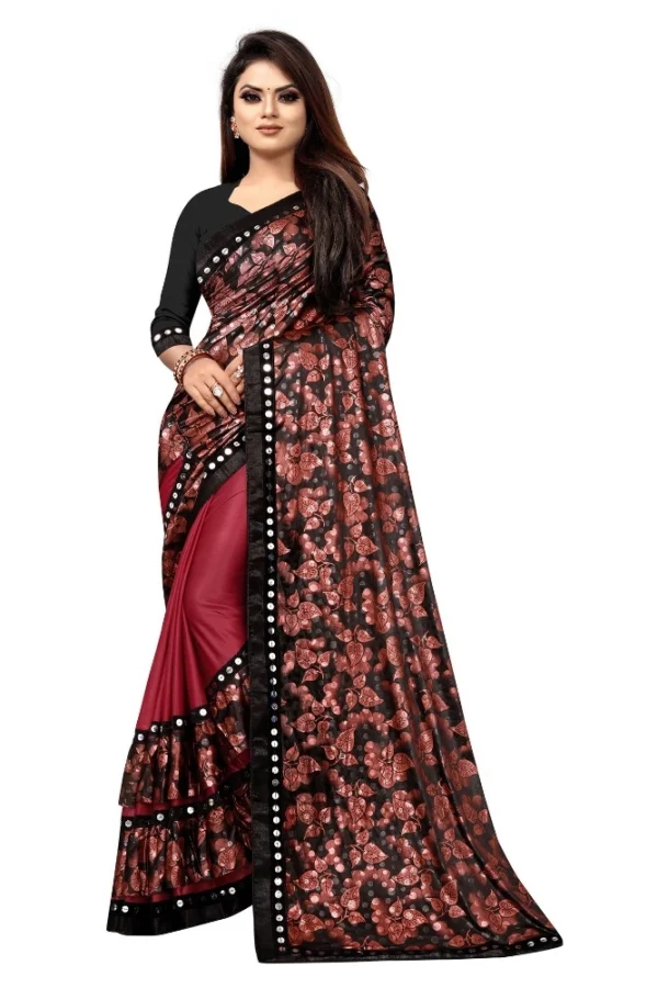 Women's Lycra Blend Saree with Blouse (Red, 5-6 Mtrs)