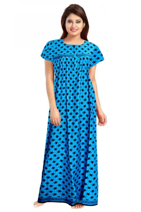 Women's Cotton Printed Maxi Nighty (Aqua Blue)
