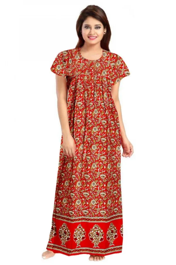 Women's Cotton Printed Maxi Nighty (Red)