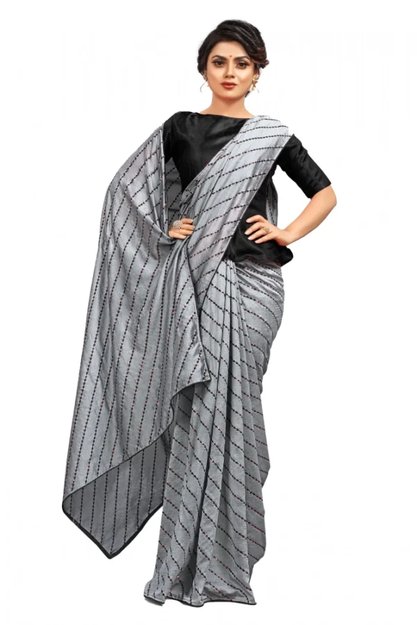 Women's Vichitra Saree with Blouse (Grey, 5-6 Mtrs)