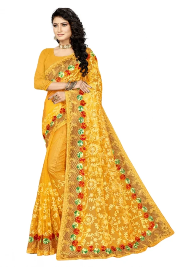 Women's Net Saree With Blouse (Yellow, 5-6Mtrs)