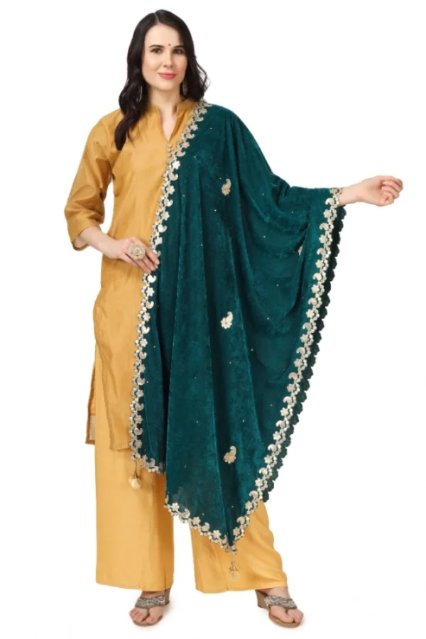 Women's Velvet Gotta Patti Dupatta (Dark Green, Length: 2.25 to 2.50 Mtr)