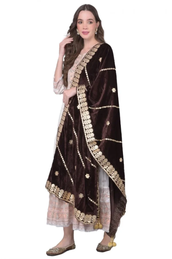 Women's Velvet Gotta Patti Dupatta (Brown, Length: 2.25 to 2.50 Mtr)