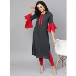 Women's Casual Bell Sleeves Mirror Work Cotton Slub Kurti (Grey) - Image 3