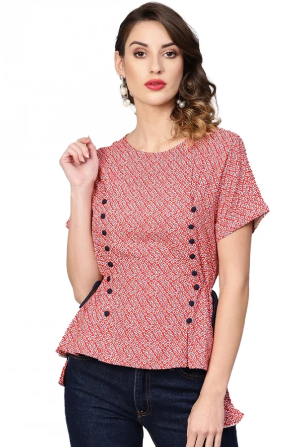 Women's Casual Short Sleeve Geometric Rayon Top (Red)