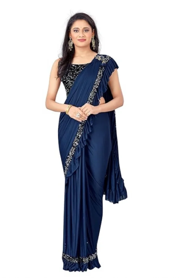Women's Lycra Solid Saree With Unstitched Blouse (Nay Blue, 5.5 Mtr)