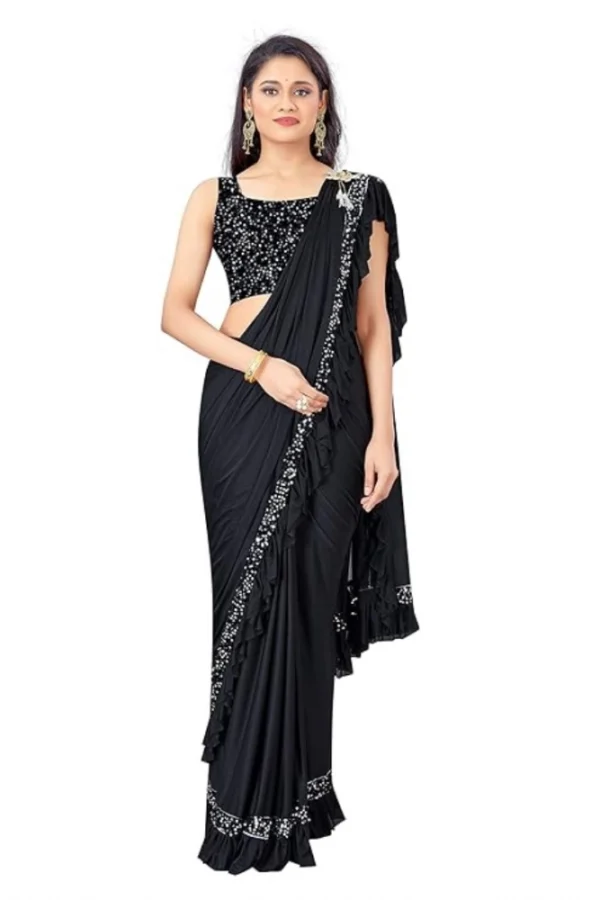 Women's Lycra Solid Saree With Unstitched Blouse (Black, 5.5 Mtr)
