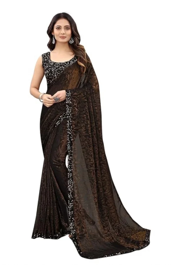 Women's Lycra Floral Saree With Unstitched Blouse (Brown, 5.5 Mtr)