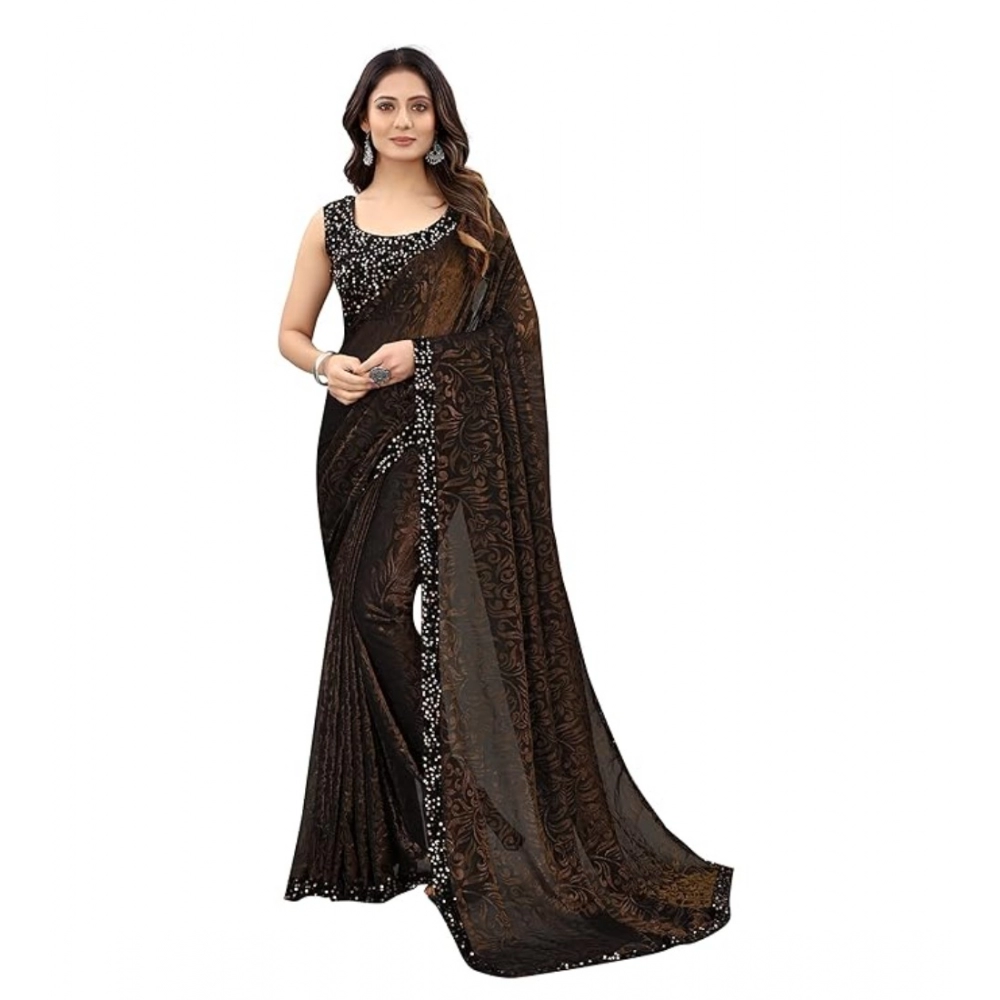 53817975977_d7ac3bbf3c_o_d-1000x1000-1.webp Women's Lycra Floral Saree With Unstitched Blouse (Brown, 5.5 Mtr) - Image 1