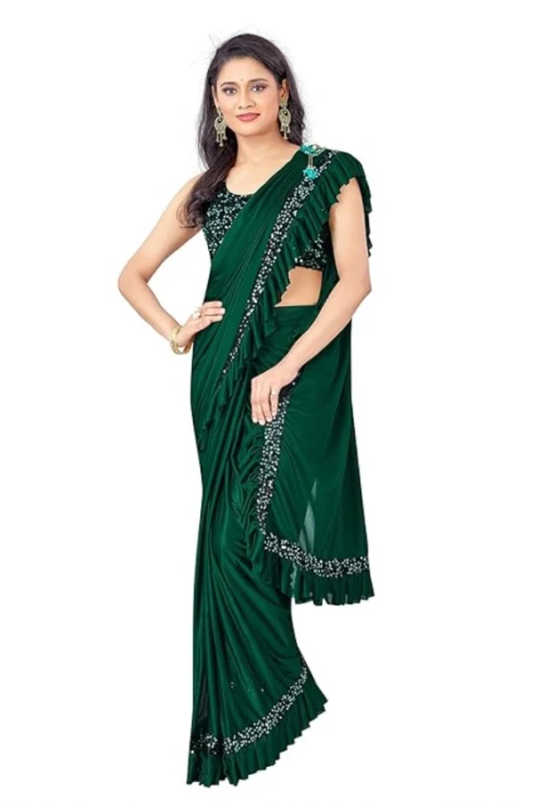 Women's Lycra Solid Saree With Unstitched Blouse (Green, 5.5 Mtr)