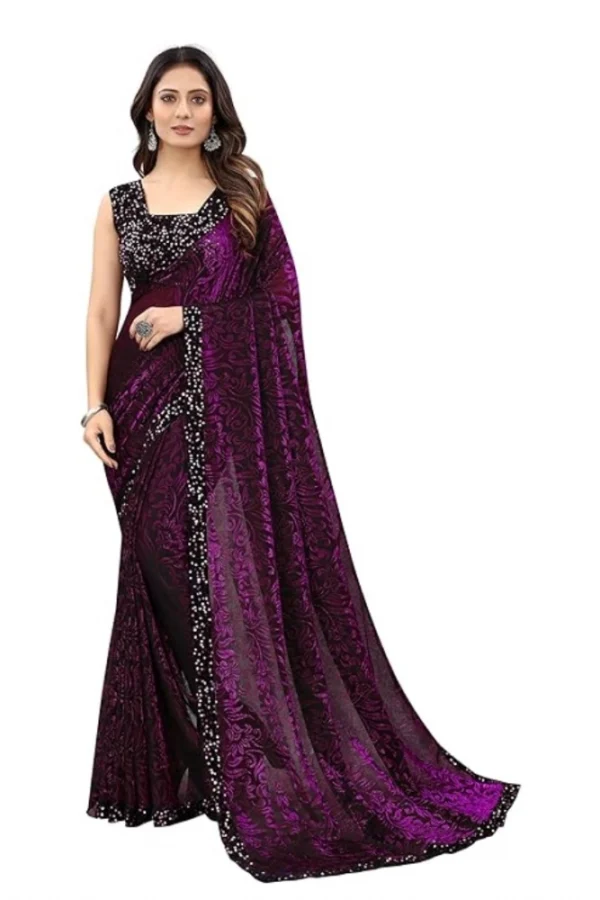 Women's Lycra Floral Saree With Unstitched Blouse (Wine, 5.5 Mtr)