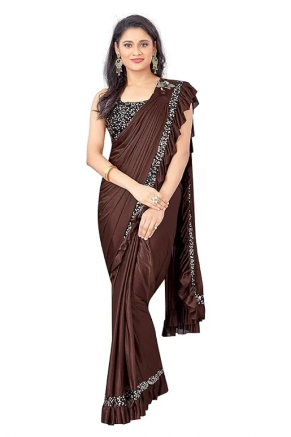Women's Lycra Solid Saree With Unstitched Blouse (Brown, 5.5 Mtr)