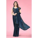 Women's Lycra Floral Saree With Unstitched Blouse (Blue, 5.5 Mtr) - Image 4
