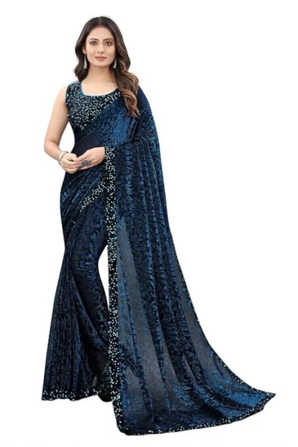 Women's Lycra Floral Saree With Unstitched Blouse (Blue, 5.5 Mtr)