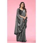 Women's Lycra Floral Saree With Unstitched Blouse (Grey, 5.5 Mtr) - Image 3