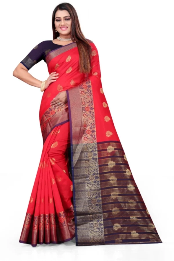 Women's Silk Blend Woven Saree With Unstitched Blouse 5.5Mtr (Red)