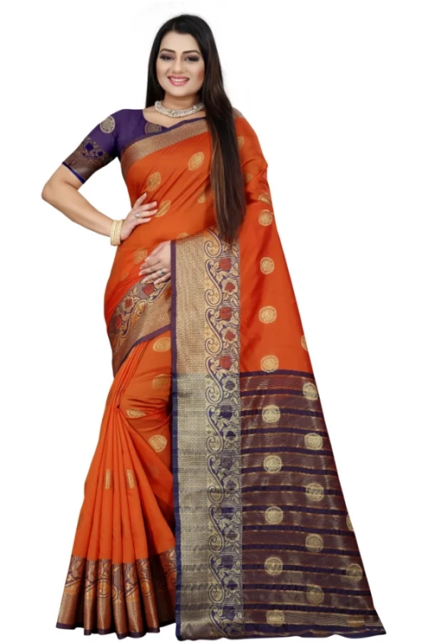 Women's Silk Blend Woven Saree With Unstitched Blouse 5.5Mtr (Blue-Orange)