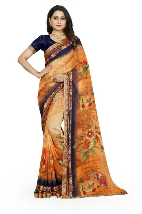 Women's Georgette Floral Print Saree With Unstitched Blouse 5.5Mtr (Blue-Orange)