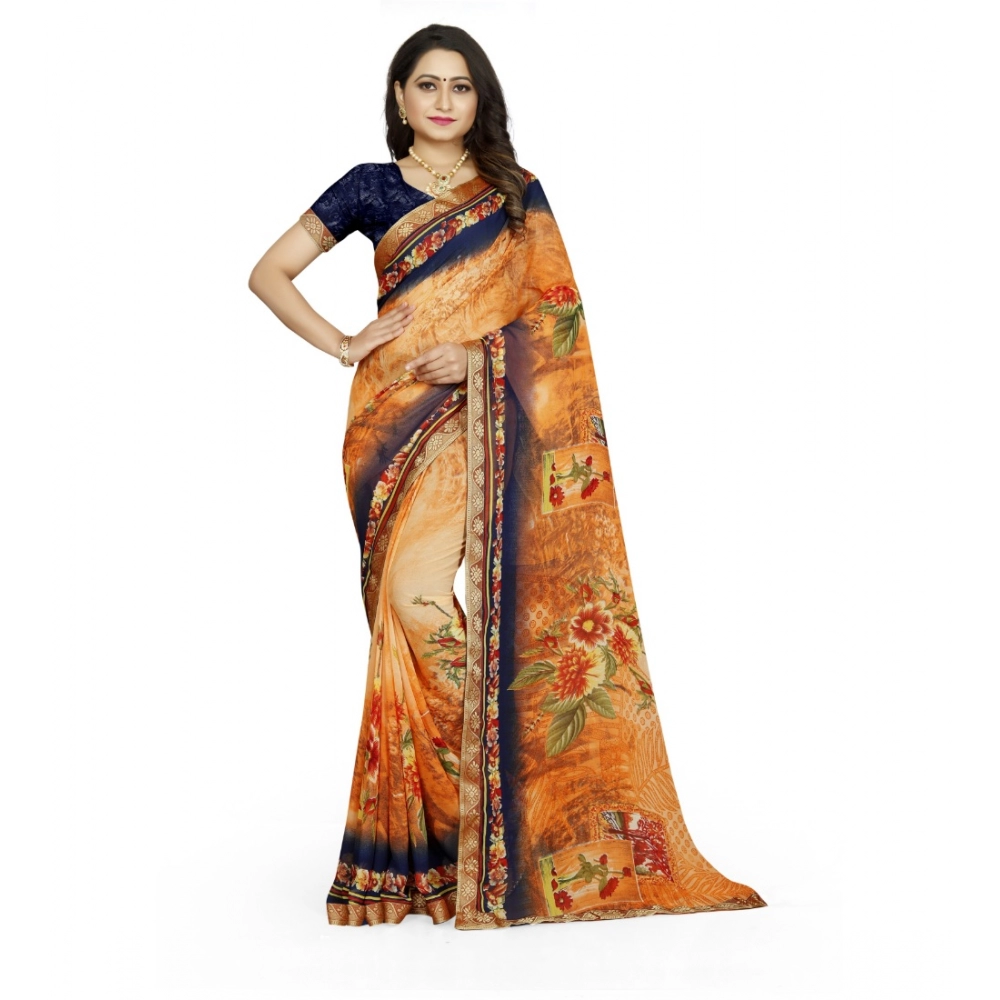 53925212077_709f6a11f8_o_d-1000x1000-1.webp Women's Georgette Floral Print Saree With Unstitched Blouse 5.5Mtr (Blue-Orange) - Image 1