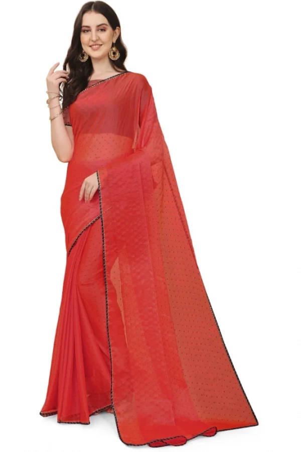 Women's Silk Blend Embellished Saree With Unstitched Blouse 5.5Mtr (Red)