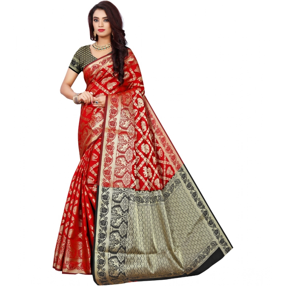 53926098676_b35dba288e_o_d-1000x1000-1.webp Women's Jacquard Woven Saree With Unstitched Blouse 5.5Mtr (Red) - Image 1