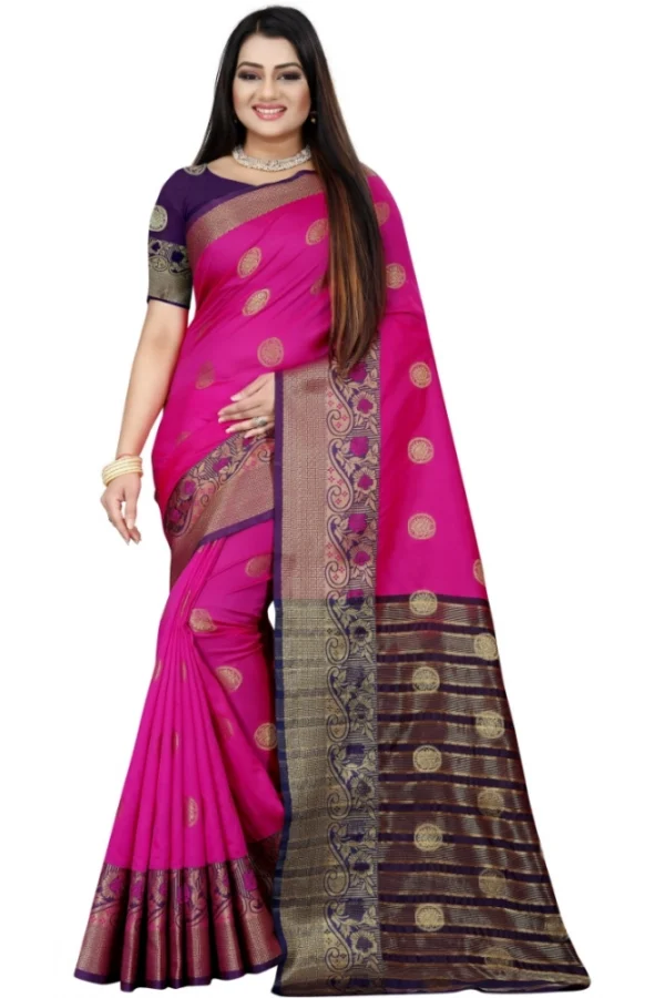 Women's Silk Blend Woven Saree With Unstitched Blouse 5.5Mtr (Blue-Pink)