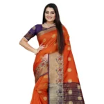 Women's Silk Blend Woven Saree With Unstitched Blouse 5.5Mtr (Blue-Orange) - Image 2