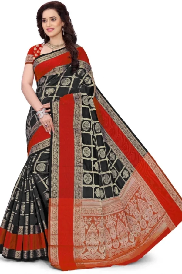 Women's Jacquard Woven Saree With Unstitched Blouse 5.5Mtr (Red-Black)
