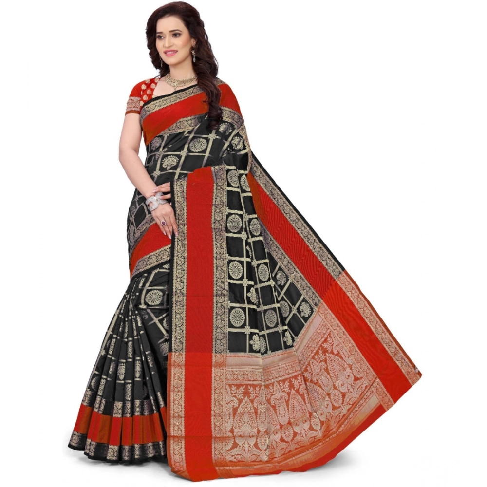 53926338798_e3543f8a68_o_d-1000x1000-1.webp Women's Jacquard Woven Saree With Unstitched Blouse 5.5Mtr (Red-Black) - Image 1