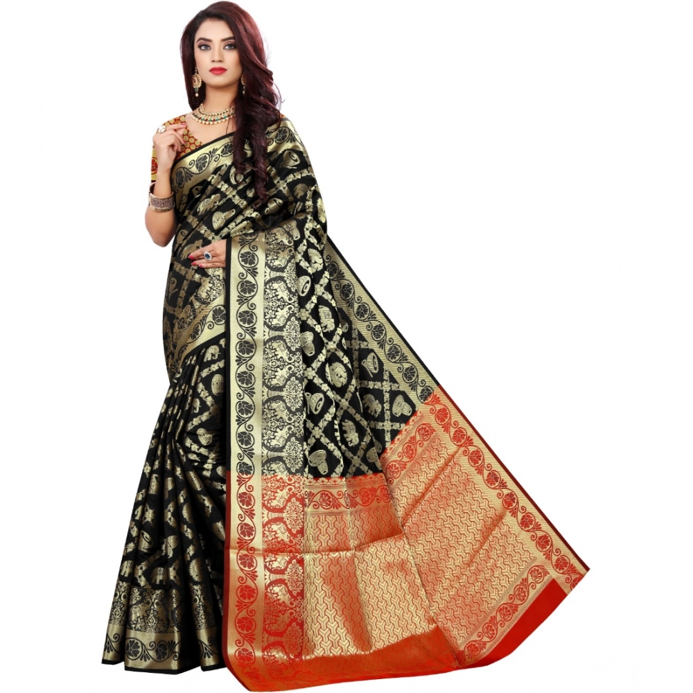53926346858_6a84c5946f_o_d-1000x1000-1.webp Women's Jacquard Woven Saree With Unstitched Blouse 5.5Mtr (Black) - Image 1