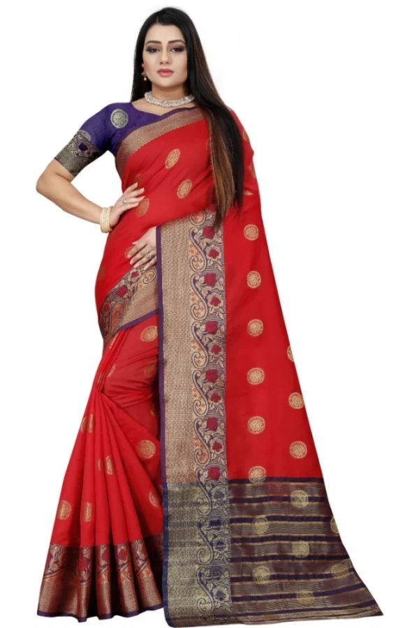 Women's Silk Blend Woven Saree With Unstitched Blouse 5.5Mtr (Red-Blue)