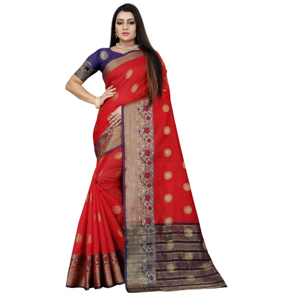 53926351368_29c0273935_o_d-1000x1000-1.webp Women's Silk Blend Woven Saree With Unstitched Blouse 5.5Mtr (Red-Blue) - Image 1