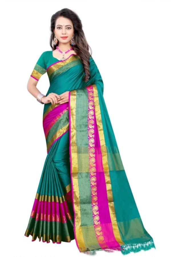 Women's Jacquard Woven Saree With Unstitched Blouse 5.5Mtr (Dark Green)