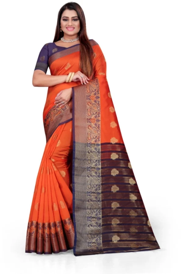 Women's Silk Blend Woven Saree With Unstitched Blouse 5.5Mtr (Orange)