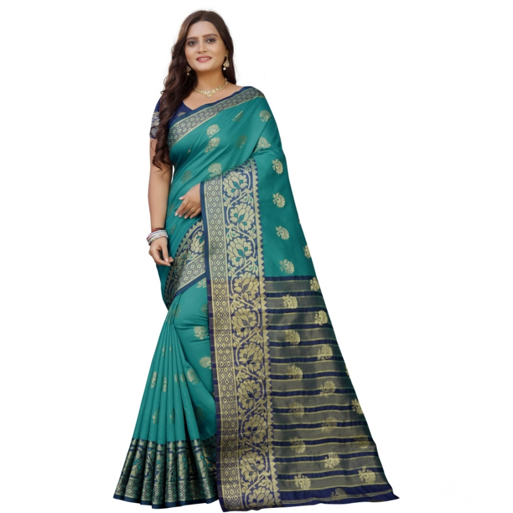 53926454559_ea4c846b71_o_d-1000x1000-1.webp Women's Silk Blend Woven Saree With Unstitched Blouse 5.5Mtr (Dark Blue-Green) - Image 1