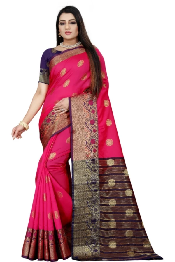 Women's Silk Blend Woven Saree With Unstitched Blouse 5.5Mtr (Blue-Pink)